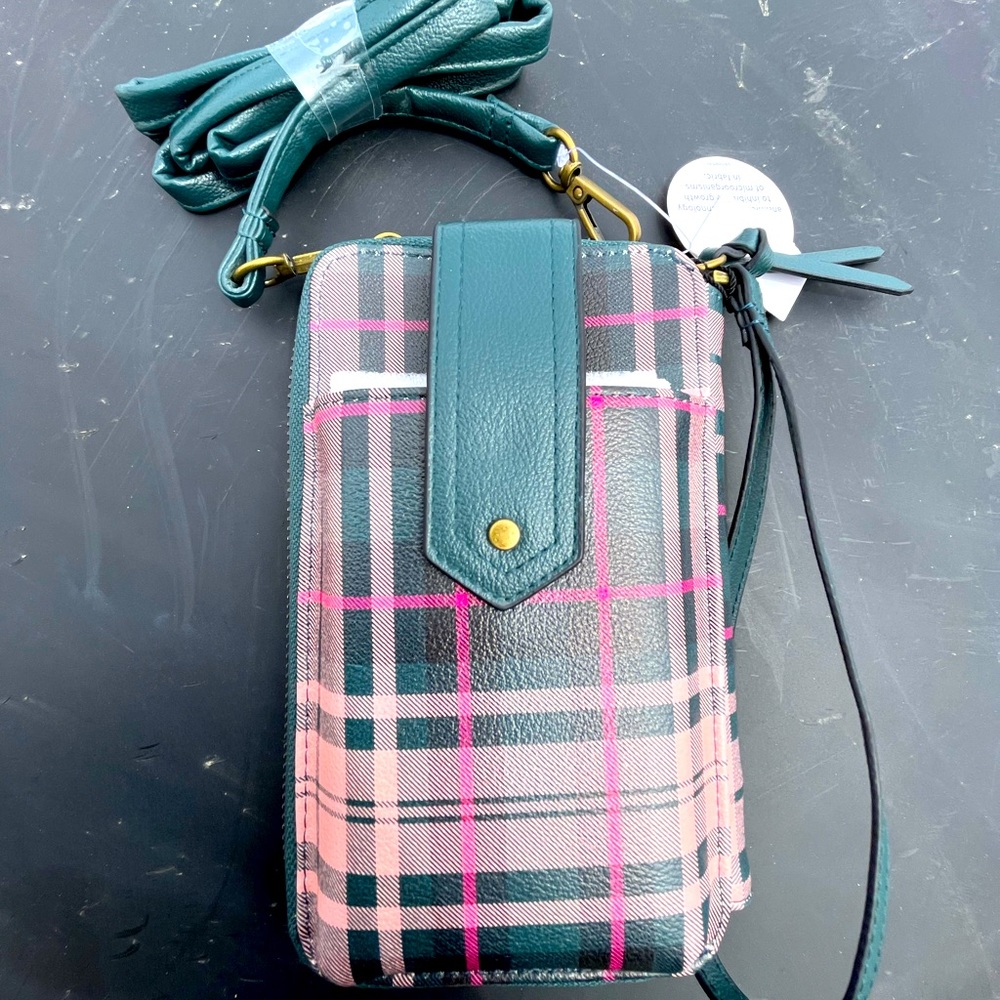 NWT pink & green plaid crossbody zip around wallet